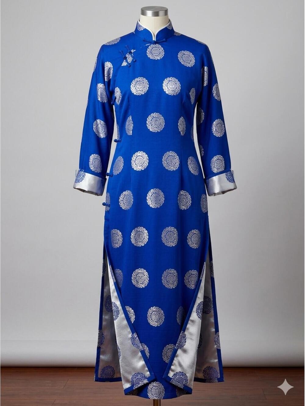 Traditional Blue Silk Dress with Silver Circular Patterns